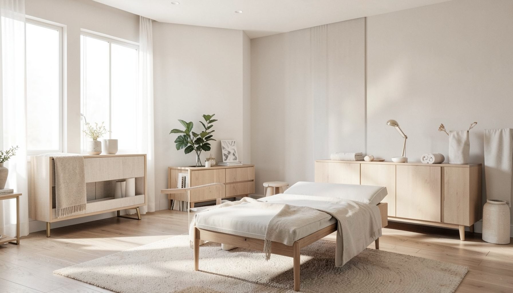 Clean, modern therapy space with soft natural light and a calm, restorative atmosphere