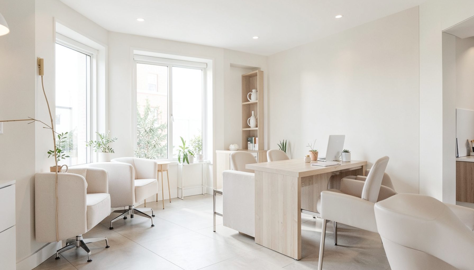Bright, airy clinic interior with soft neutral tones and a serene, professional mood